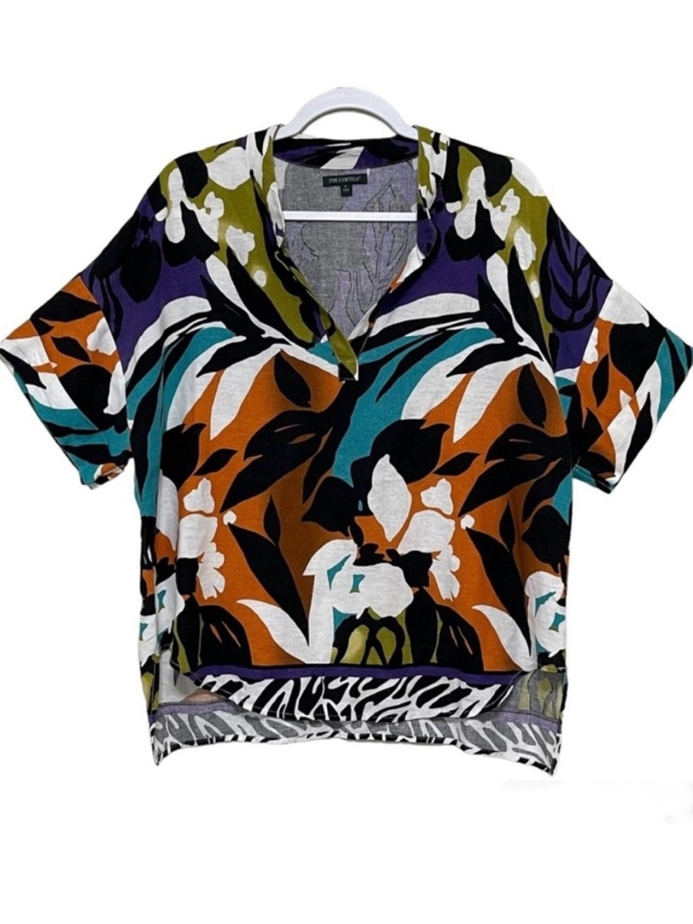 For Cynthia Boxy Blouse Linen Blend Bold Artsy Vibrant Colorful Relaxed Size L